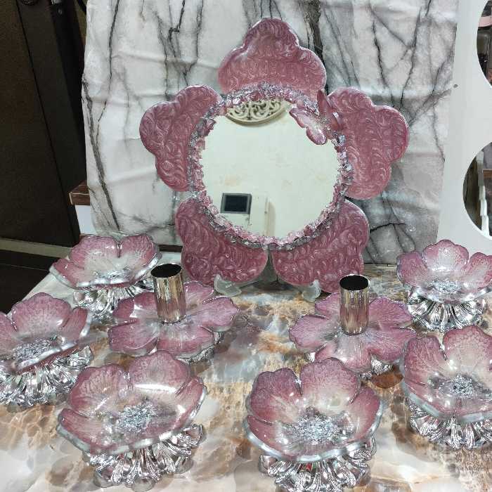 هفت سین رزینی گل پنج پر رنگ پوسته پیازی کار شده با ورق نقره 