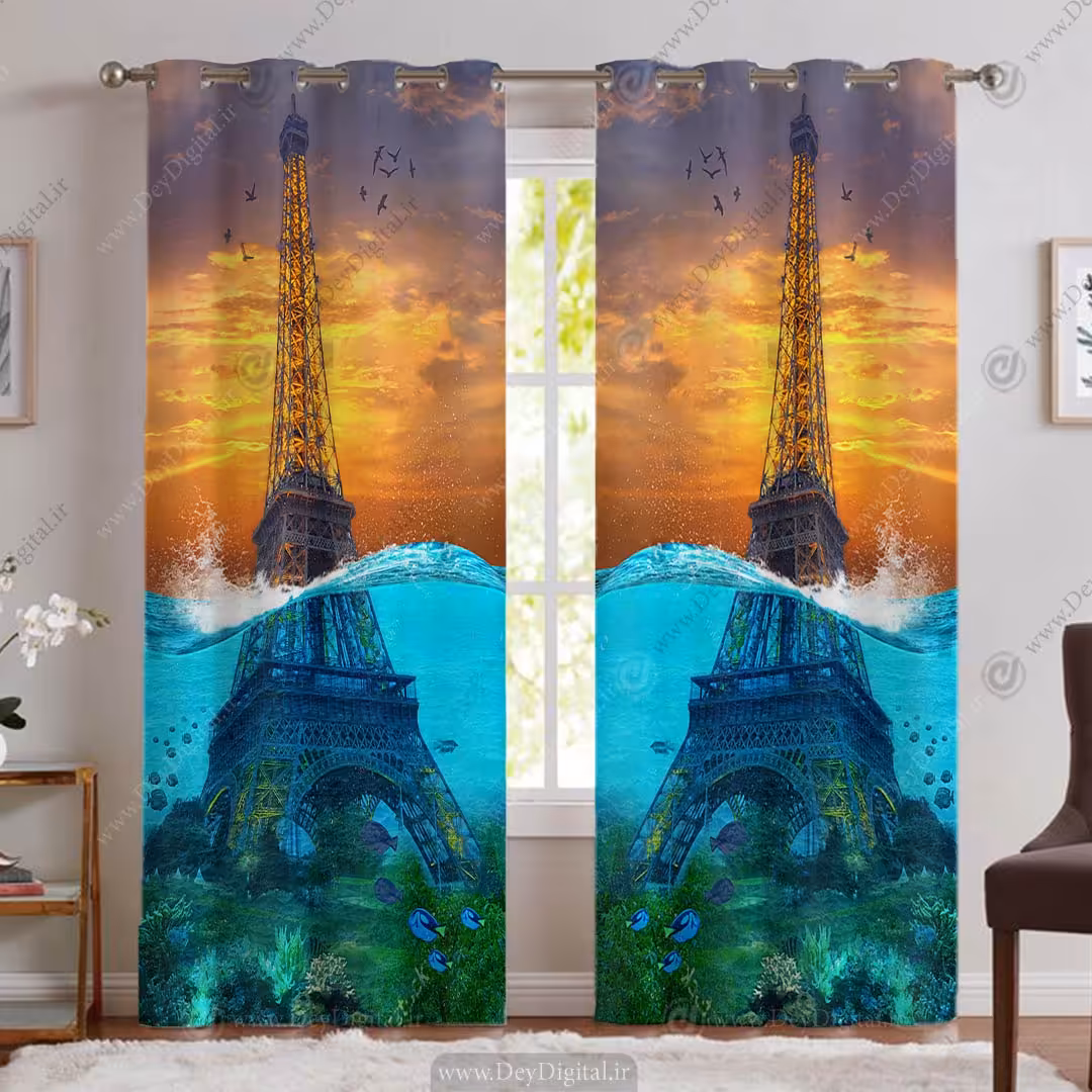 پرده پانچی اسپرت مدل نقاشی از برح ایفل در آب دریا PK-5327