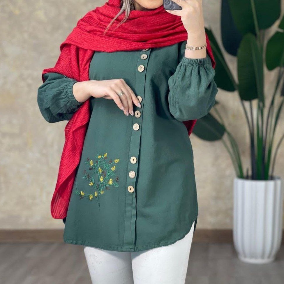 شومیز مانتویی بهاره زنانه جنس الیاف طبیعی درجه یک فری سایز تا 44