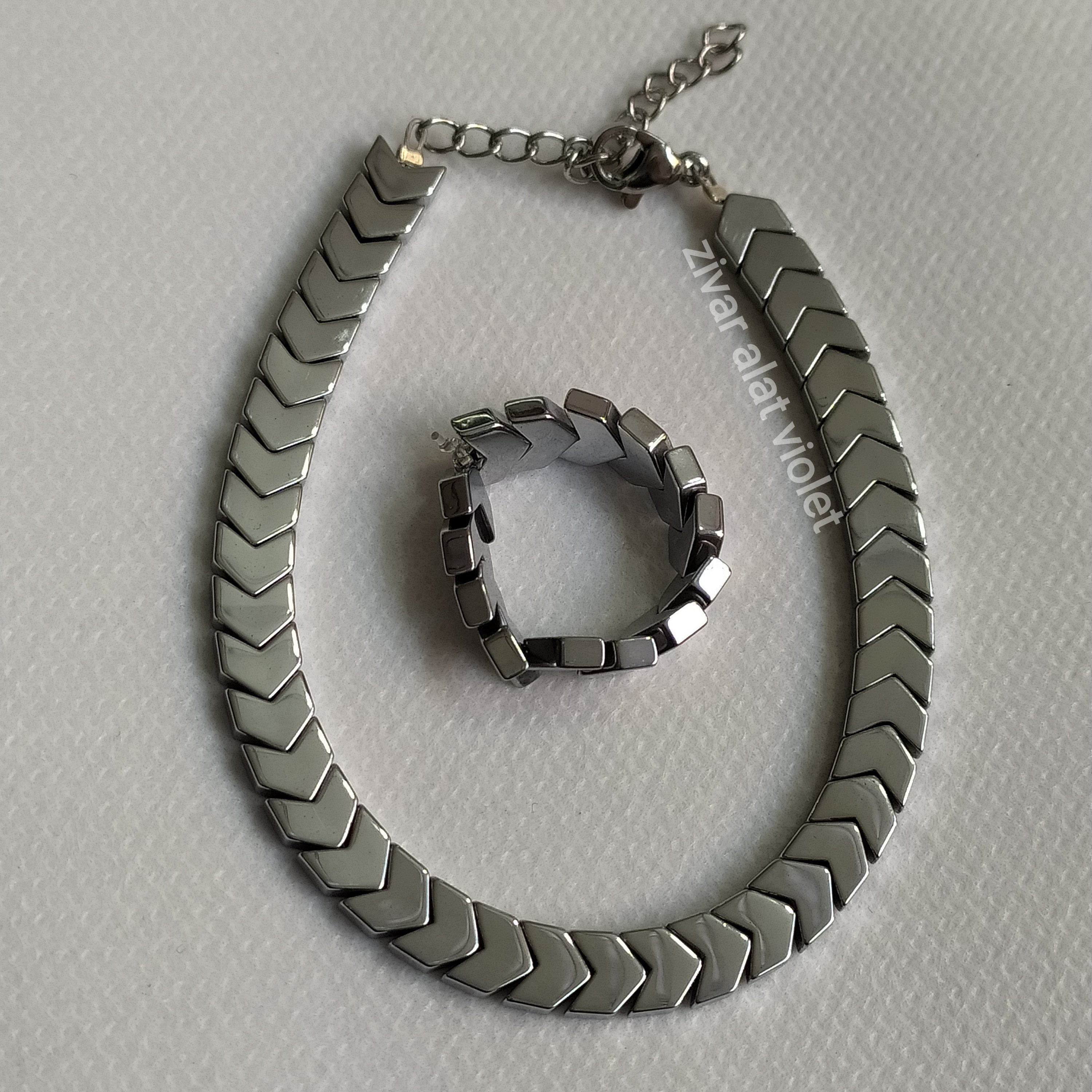 دستبند و انگشتر سنگ حدید فلش نقره ای 