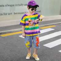 ست تیشرت و شلوارک جین  اسپورت وارداتی کیفیت تضمینی مناسب حدود سنی 3 تا 12 سال جنس بلوز پنبه سوپر شلوارک جین اورجینال 