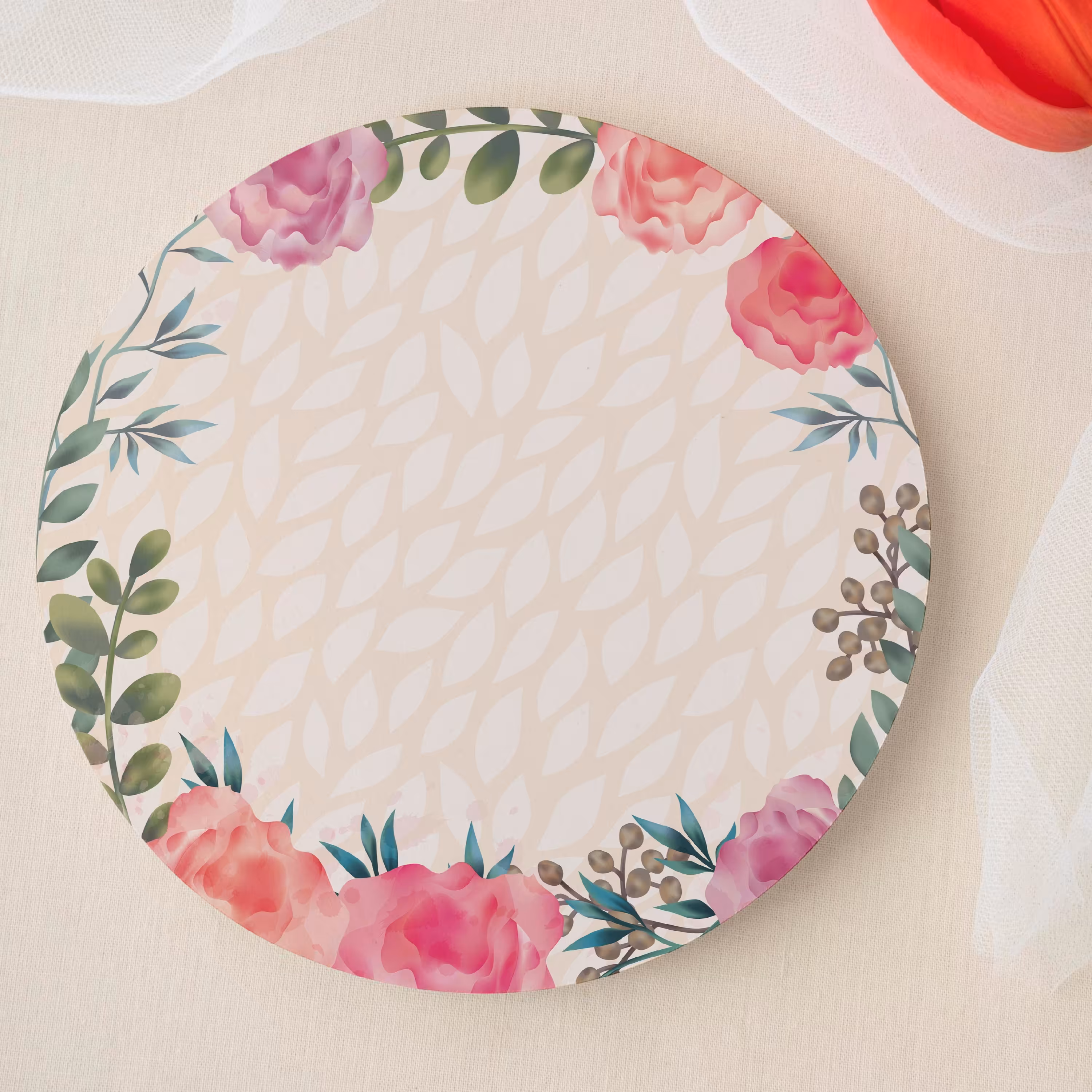 رومیزی مخمل دایره طرح گل آستر دوزی شده قطر 70 سانتی متر 