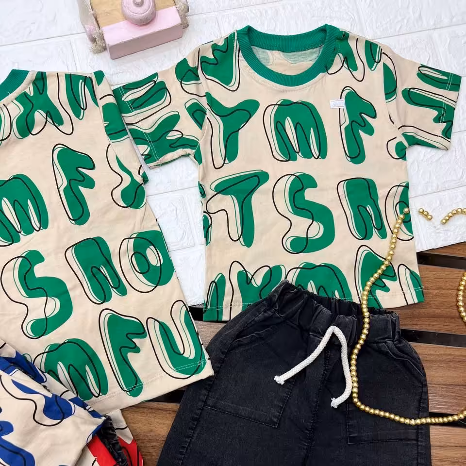 تیشرت شلوارک پسرانه حروف انگلیسی حراج تابستانه