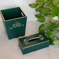 ست سطل و جادستمال به رنگ سبز با طرح نما منبت طلایی