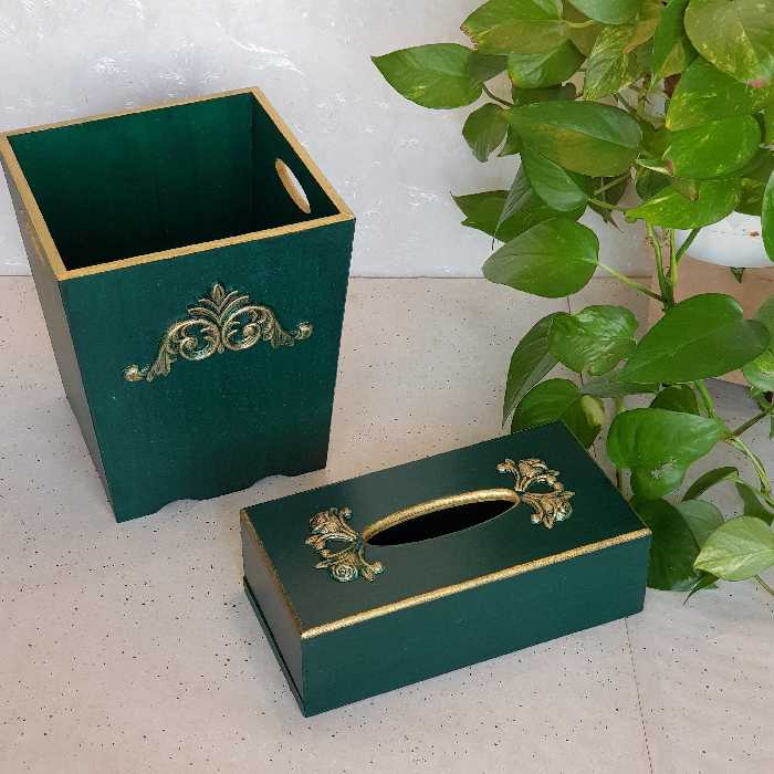 ست سطل و جادستمال به رنگ سبز با طرح نما منبت طلایی