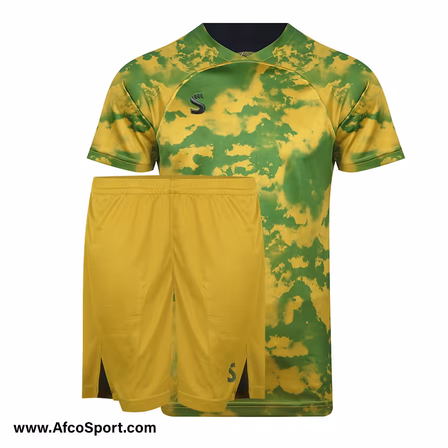 پیراهن شورت تیمی طلایی یشمی طرح ابر سینا اسپرت فصل 1401-1402