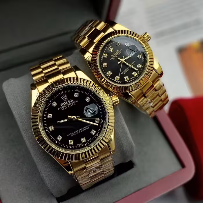 ساعت رولکس ست زنانه مردانه دیت جاس رنگ طلایی صفحه مشکی جفت فقط 400 