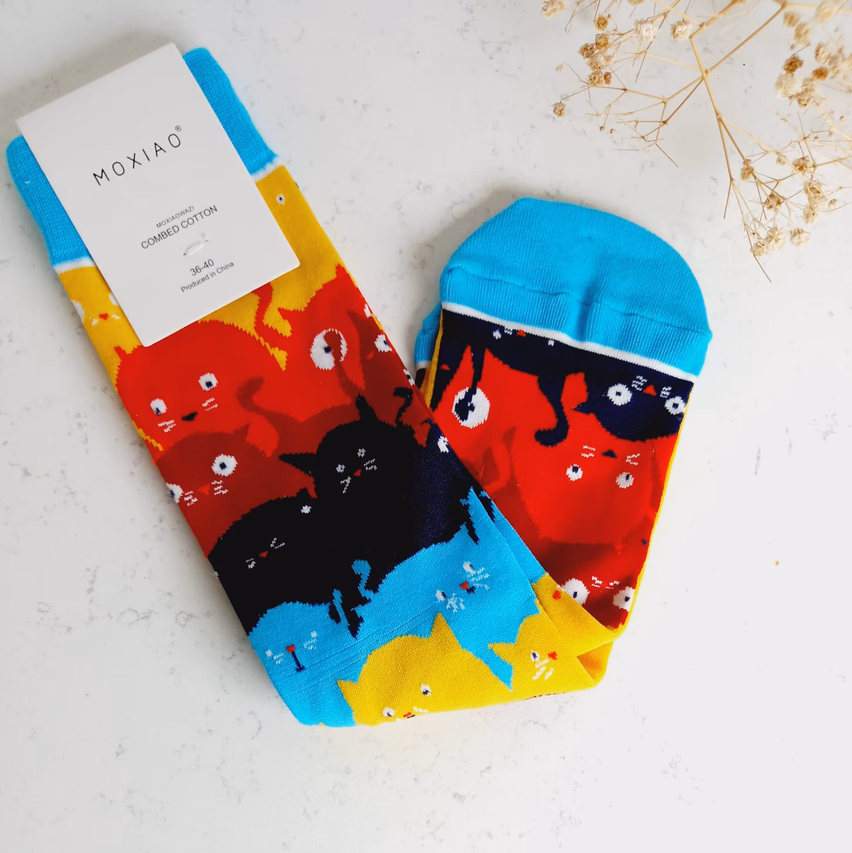 جوراب ساق بلند دخترانه و زنانه طرح گربه و ماهی