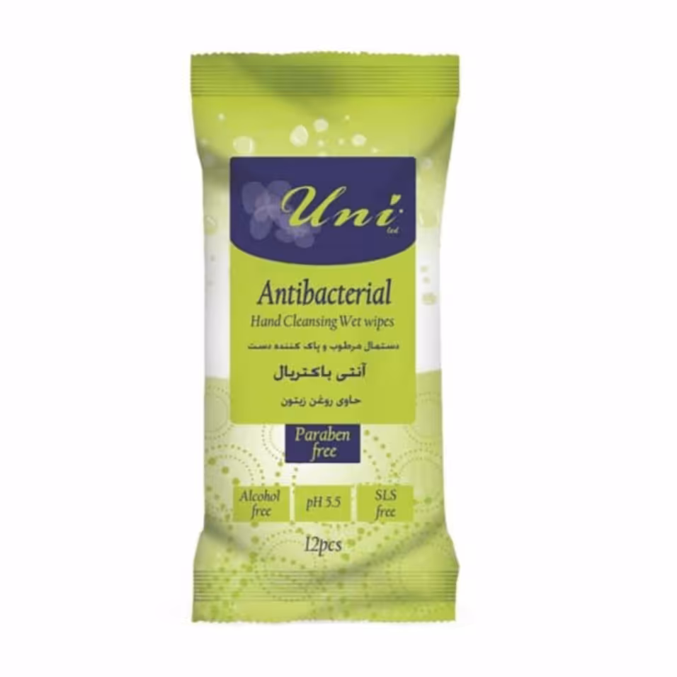 دستمال مرطوب آنتی باکتریال جیبی یونی لِد حاوی روغن زیتون بسته 12 عددی