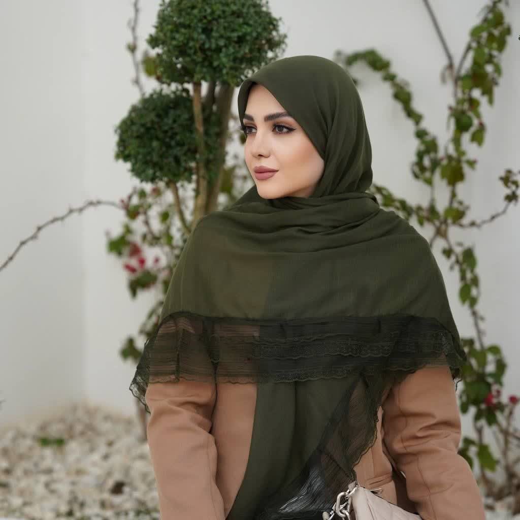 روسری نخ پنبه دور گیپوردار سبز یشمی