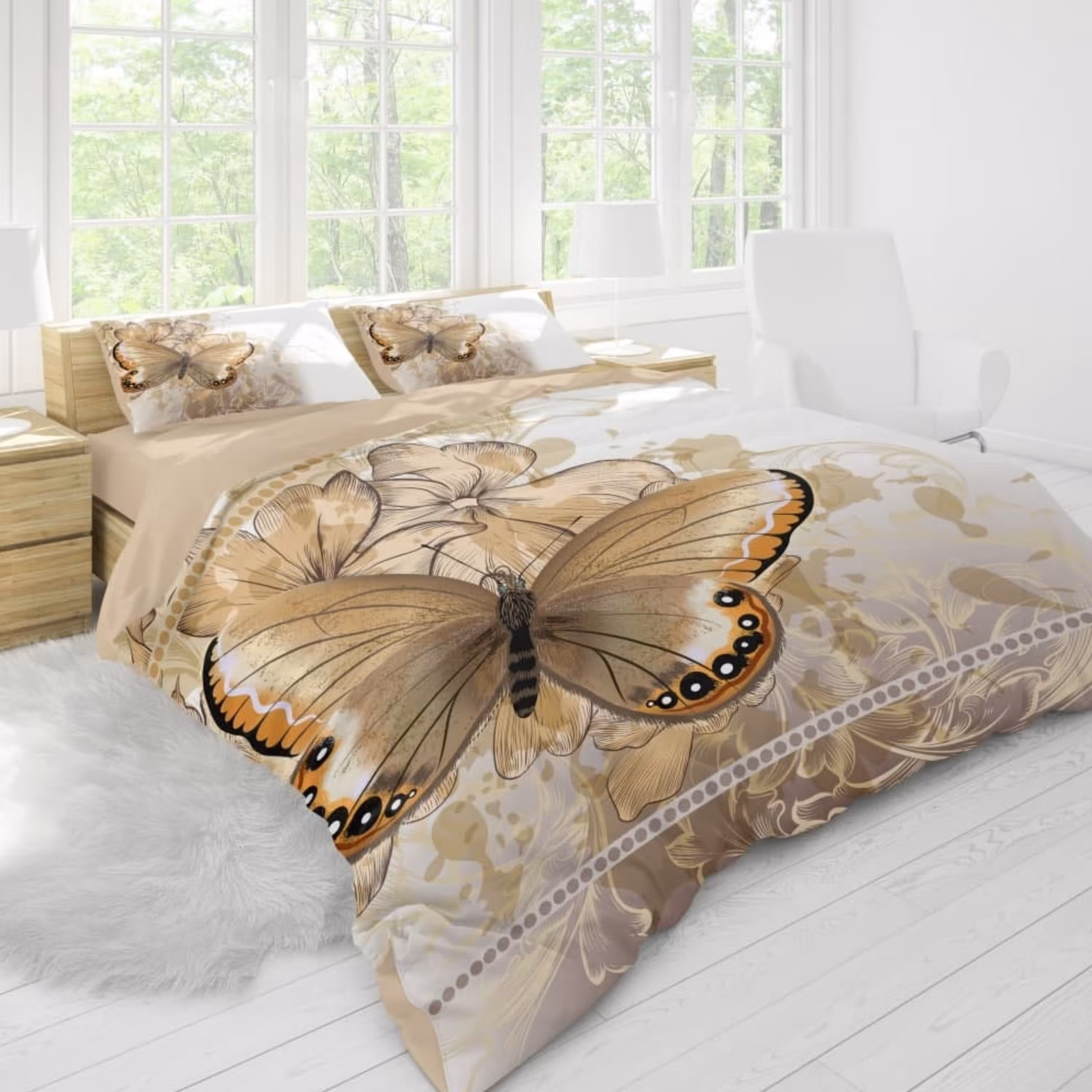 روتختی 3 بعدی ترکیه ای طرح پروانه و گل زمینه کرم دو نفره  شرکت گوزل ترکیه