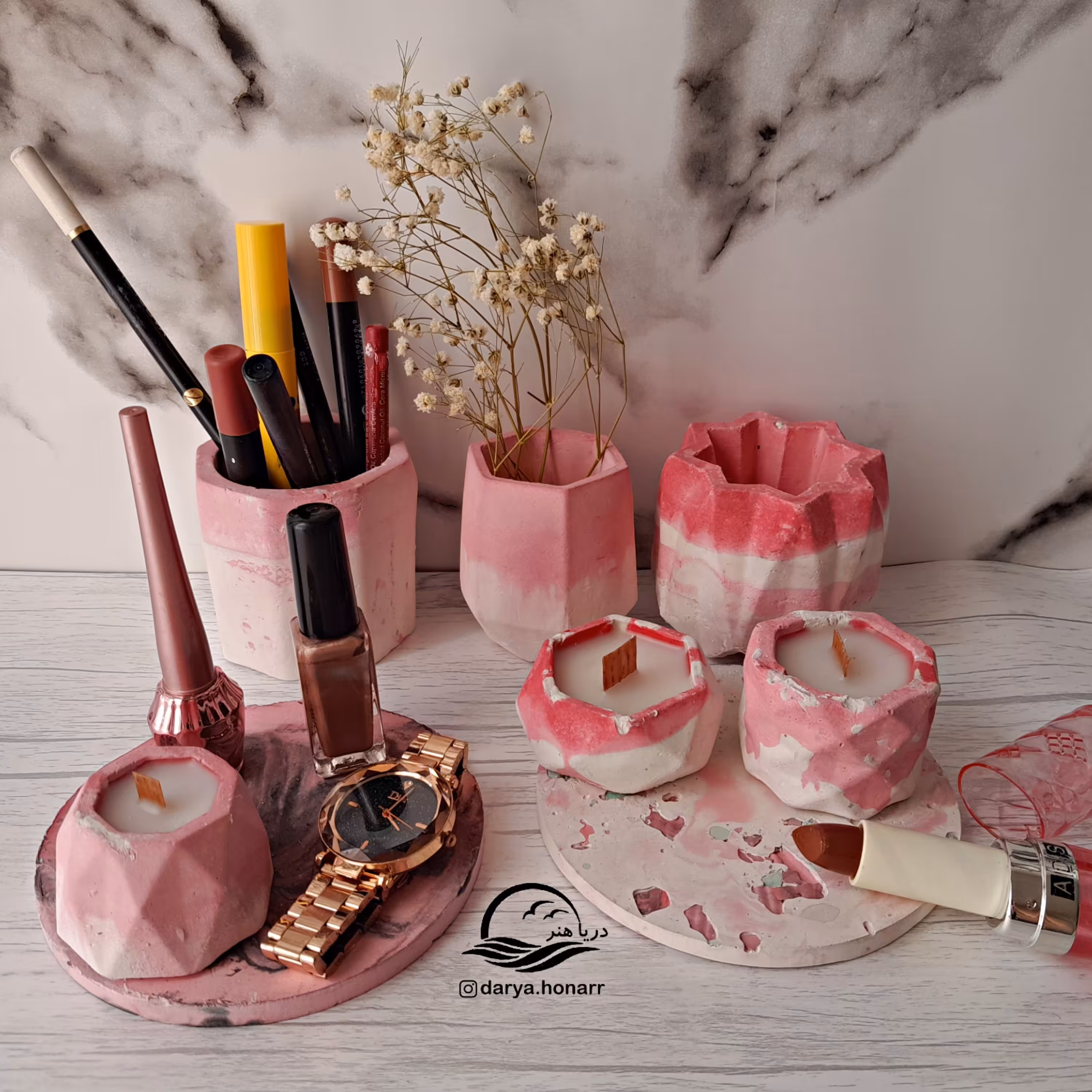 گلدان و شمع و استند رومیزی بتنی صورتی رنگ