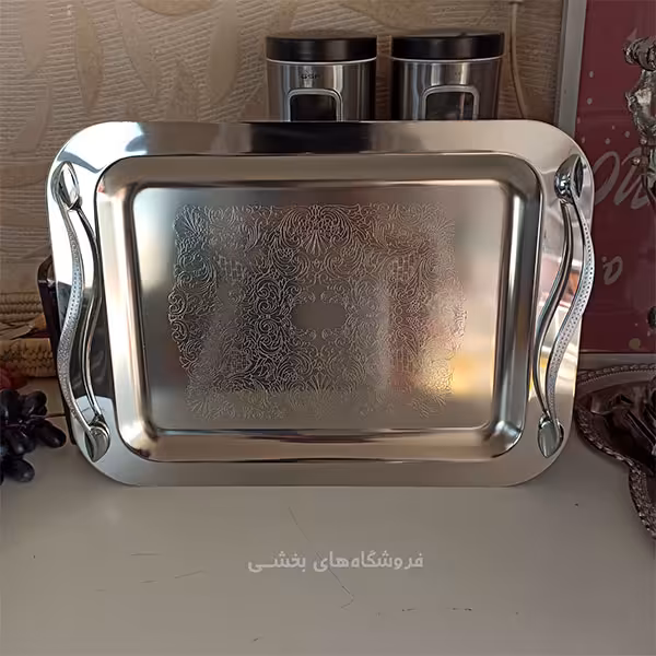 سینی پذیرایی استیل مدل مستطیل گلدار سایز بزرگ