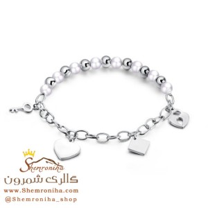 دستبند مروارید تیفانی آویز قلب و کلید و اشکال سیلور BNG354S0