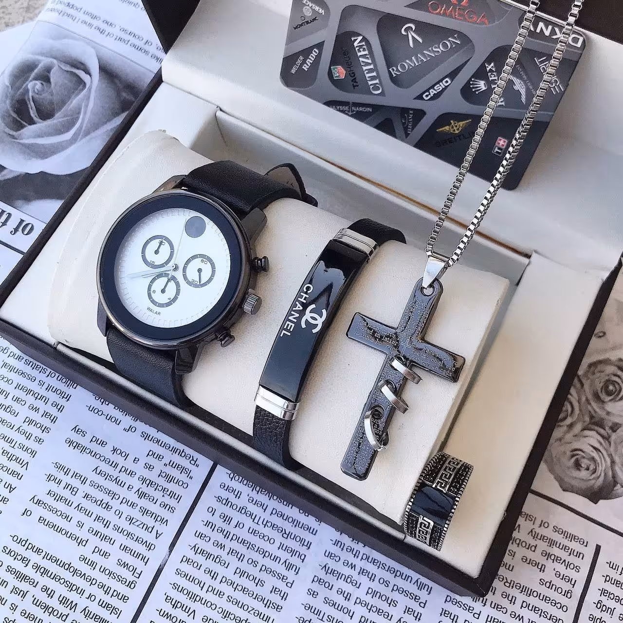 ست ساعت بندچرمی والار و دستبندو گردنبندو انگشتر مردانه