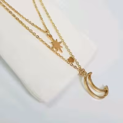 گردنبند دو ردیف آبکاری طلا آویز ماه ستاره ، بهمراه کیف مخصوص اکسسوری
