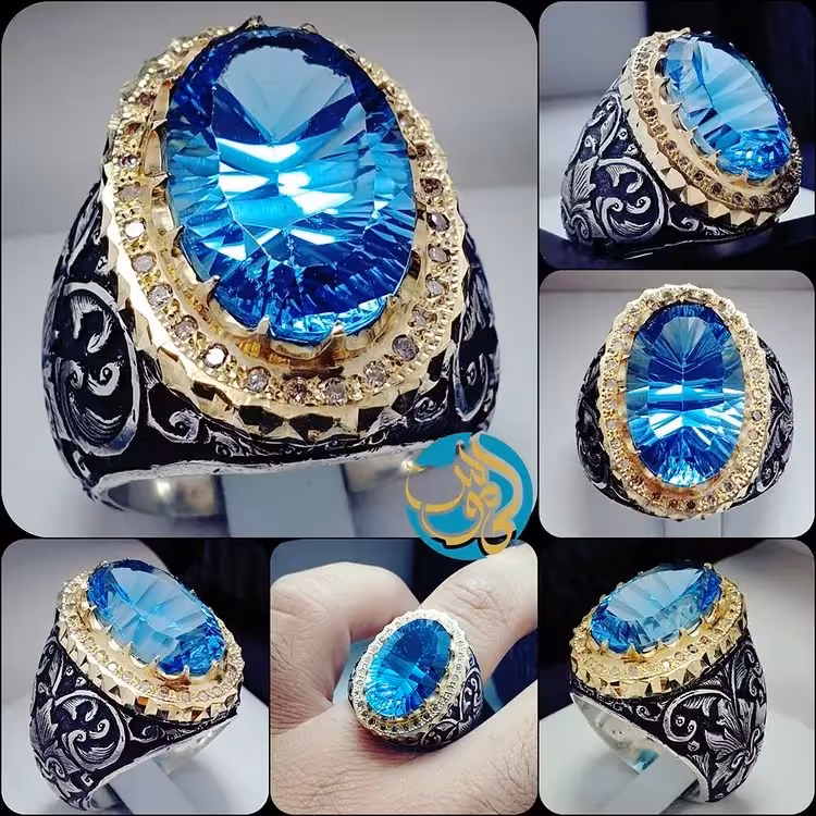 انگشتر با نگین توپاز سوییسی هفده قیراطی لیزری تراش با رکاب تمام دستساز