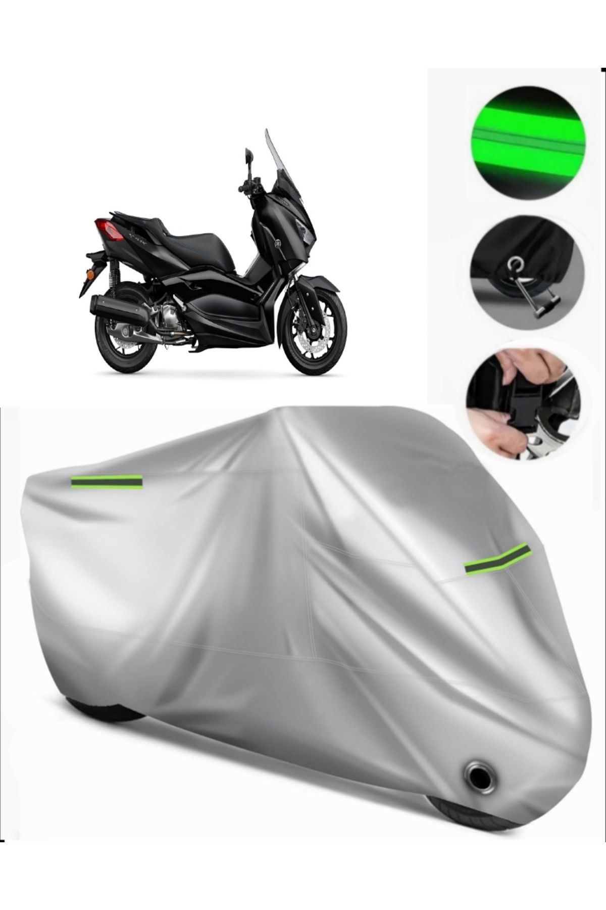 چادر موتورسیکلت خاکستری YAMAHA X MAX 125 آهن حداکثر ABSITICAL MOTORCYCLE TARPAULIN PREMIUM سازگار با قفل GRI MotoEn