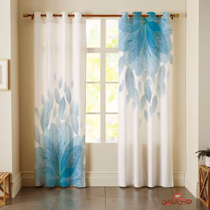 پرده 2عددی طرح برگ های آبی آسمانی کد 2522