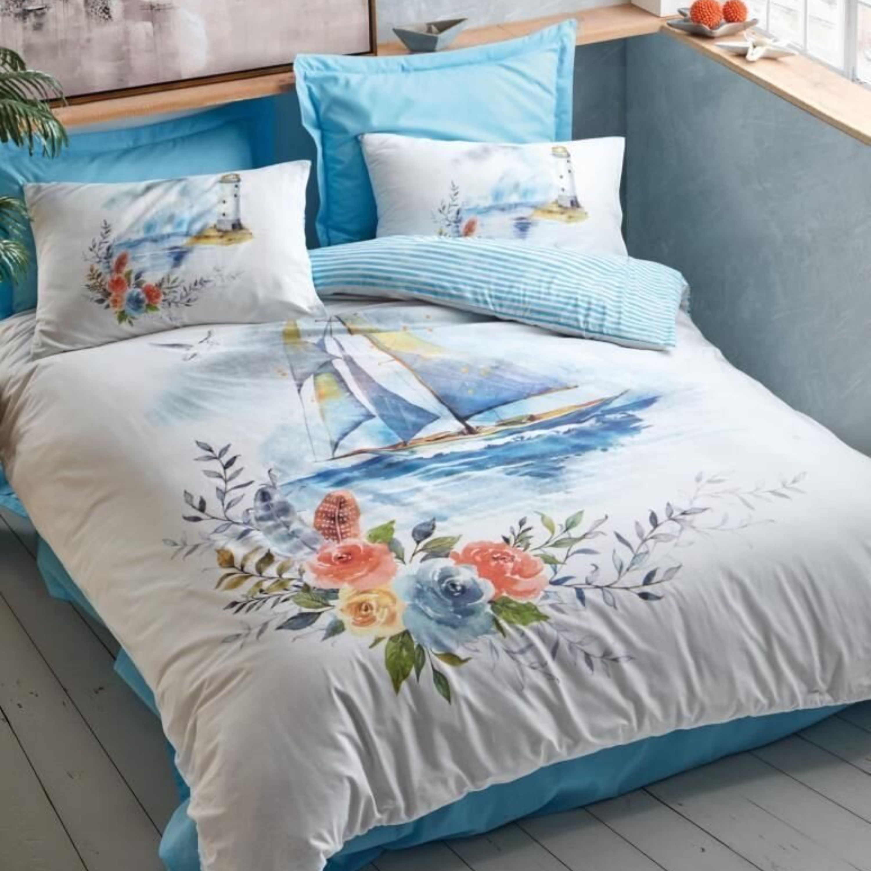 ست ملحفه کاتن باکس مدل Maritime Morgan Mavi دو نفره 4 تکه