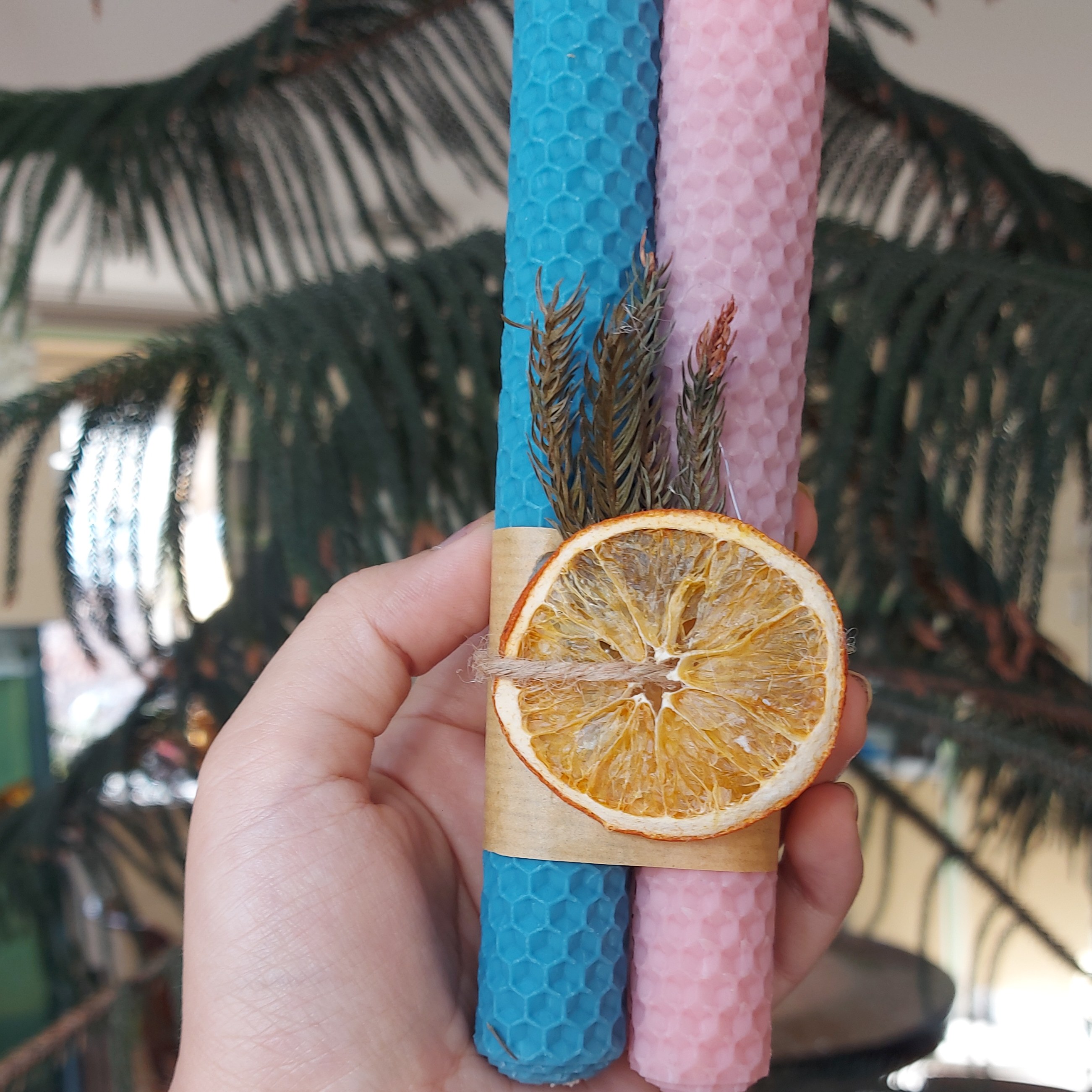 شمع موم عسلی صورتی و ابی 