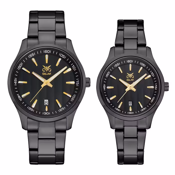 ست ساعت مچی عقربه ای زنانه و مردانه اوبلاک مدل 72703رنگ تیتان صفحه مشکی