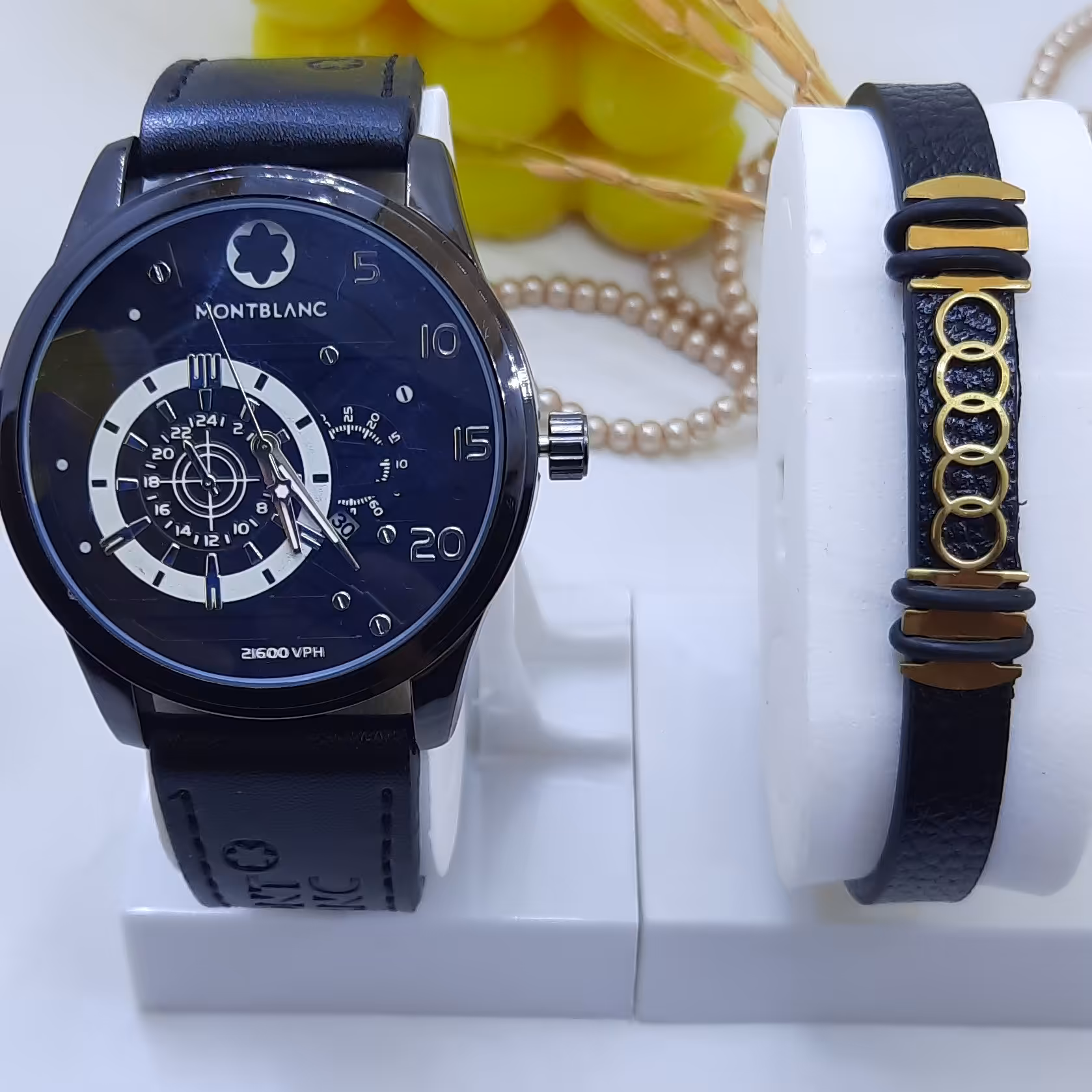 ست ساعت و دستبند اسپورت چرمی