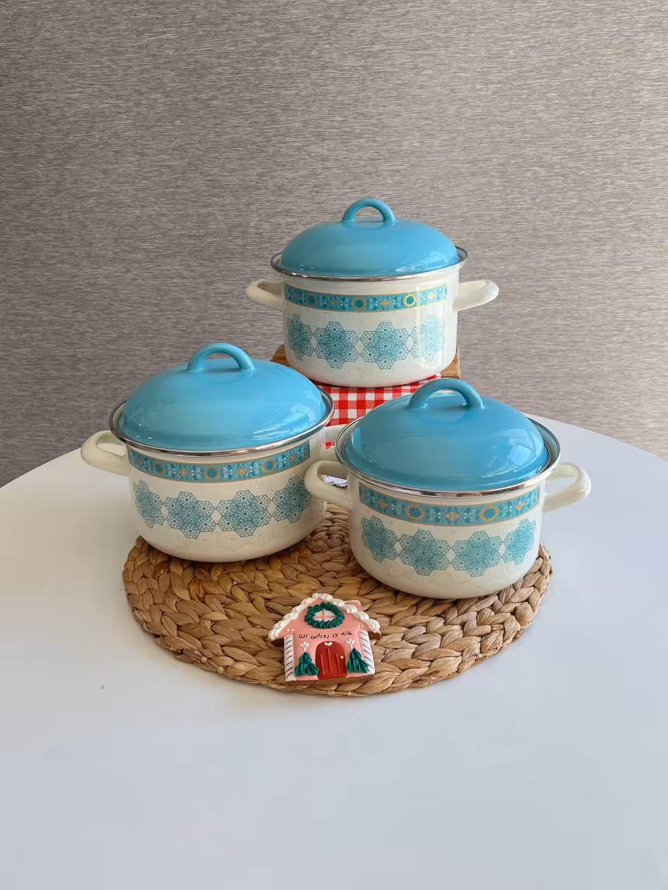 سرویس قابلمه لعابی سه تایی ترک برند لایت- طرح فیروزه ای