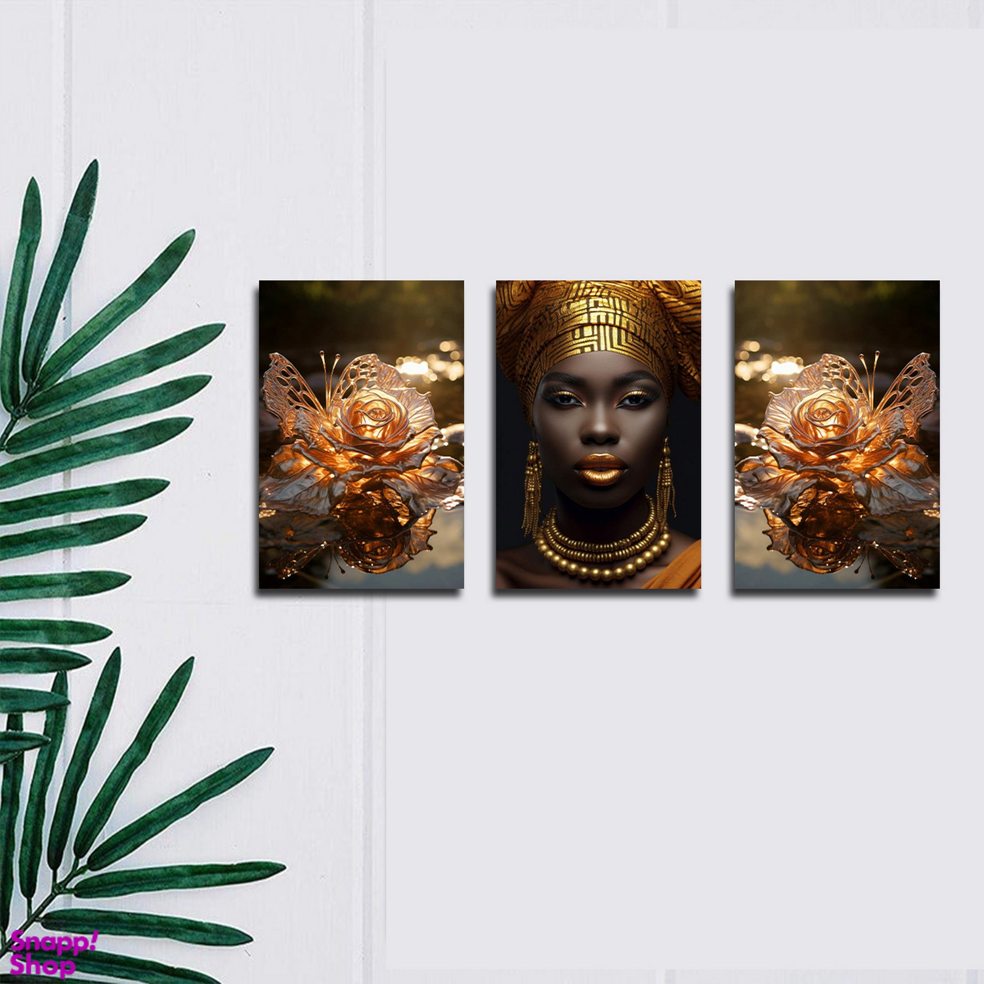 تابلو شاسی بکلیت طرح مدرن چهره زن آفریقایی و گل طلایی مدل SH-1750 مجموعه 3 عددی