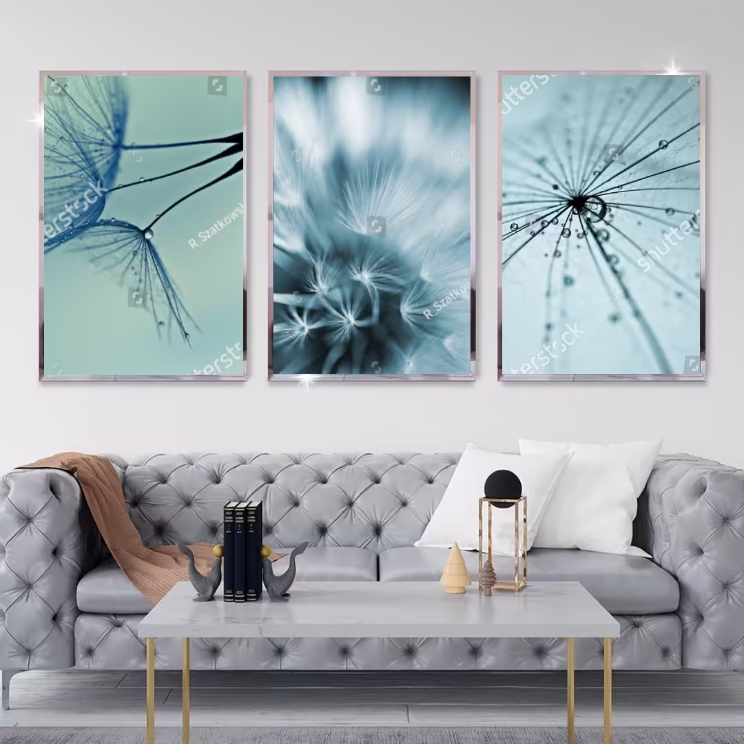 تابلو دکوراتیو طرح عکس قاصدک ها رنگ آبی سه تکه 