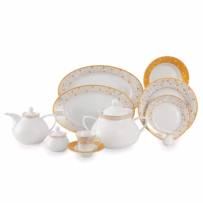 سرویس چینی زرین 12 نفره کامل ژئومتریکال طلایی (108 پارچه)