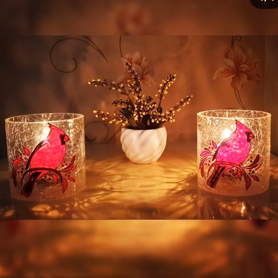 جا شمعی ویترای طرح پرنده ی کاردینال