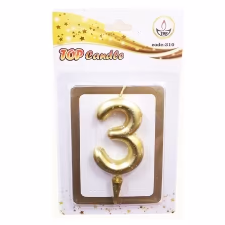 شمع عدد 3 متالیک تاپ طلایی