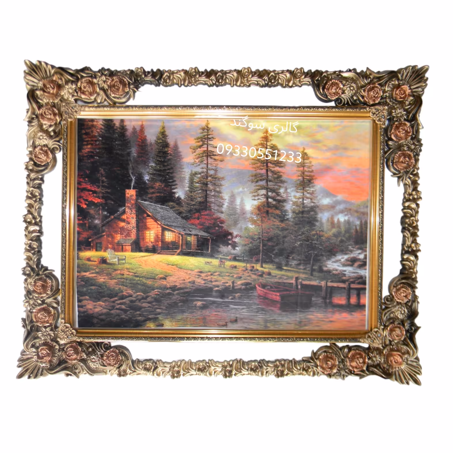 تابلو مخمل طرح کلبه و جنگل با قاب سلطنتی طرح شکوفه