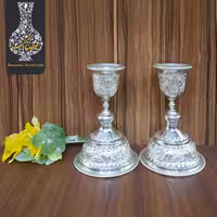 شمعدان کوچک قلمزنی گل و طاووس  اعلاء سفید طرح نقره شماره 2