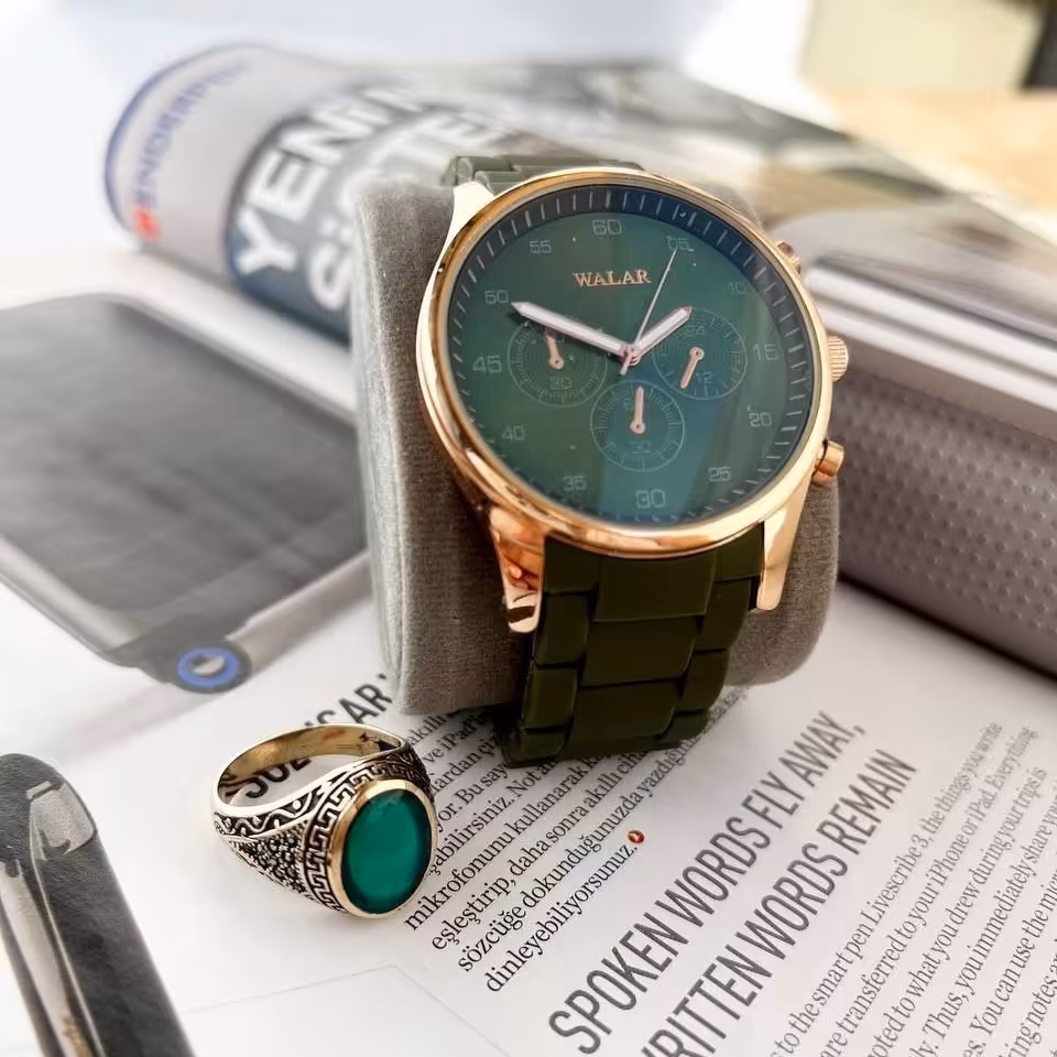 ست ساعت مچی والار  مردانه سبز همراه انگشتر  وارداتی   ساعت مچی مردانه 
