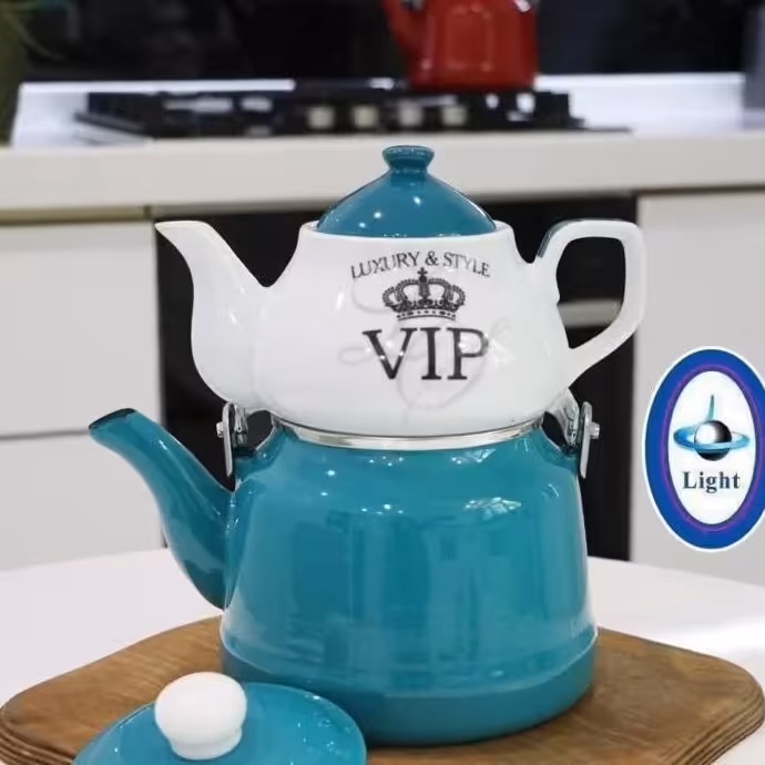 کتری قوری لعابی با قوری چینی دسته از بالا در سه رنگ برند لایت ساخت چین