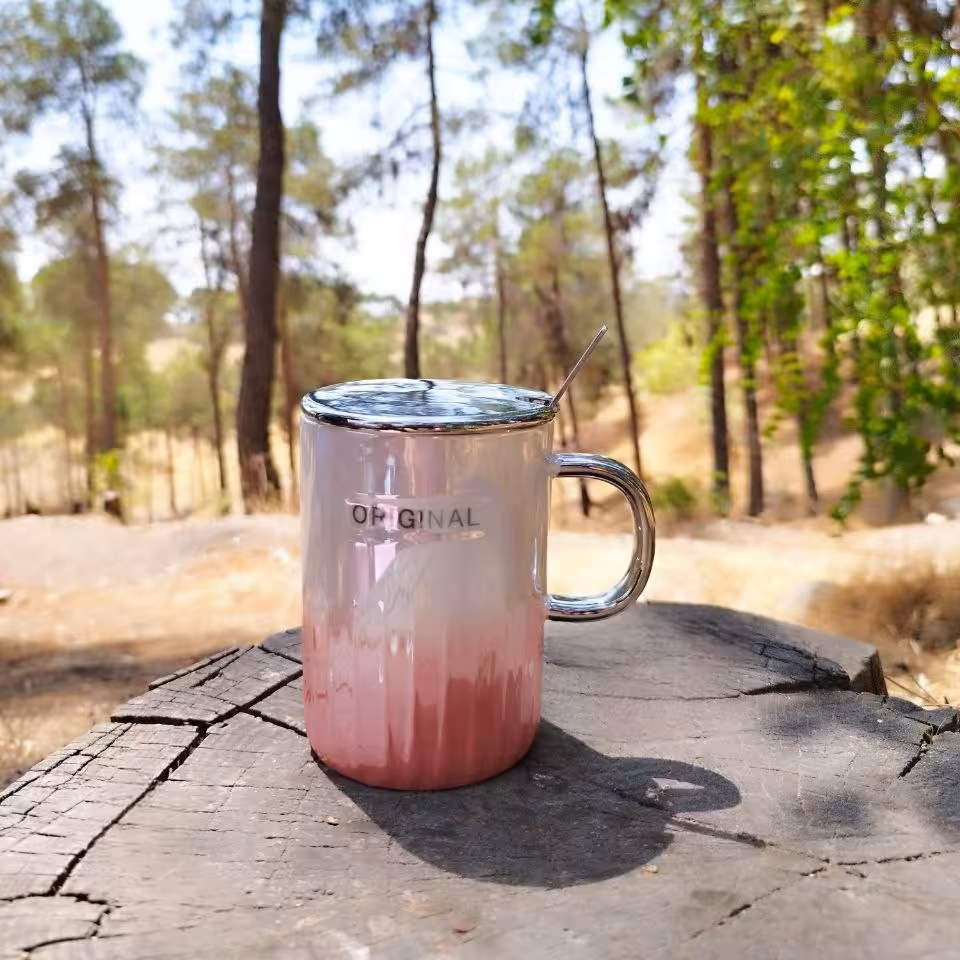 ماگ سرامیکی درب نقره ای و  ب همراه قاشق