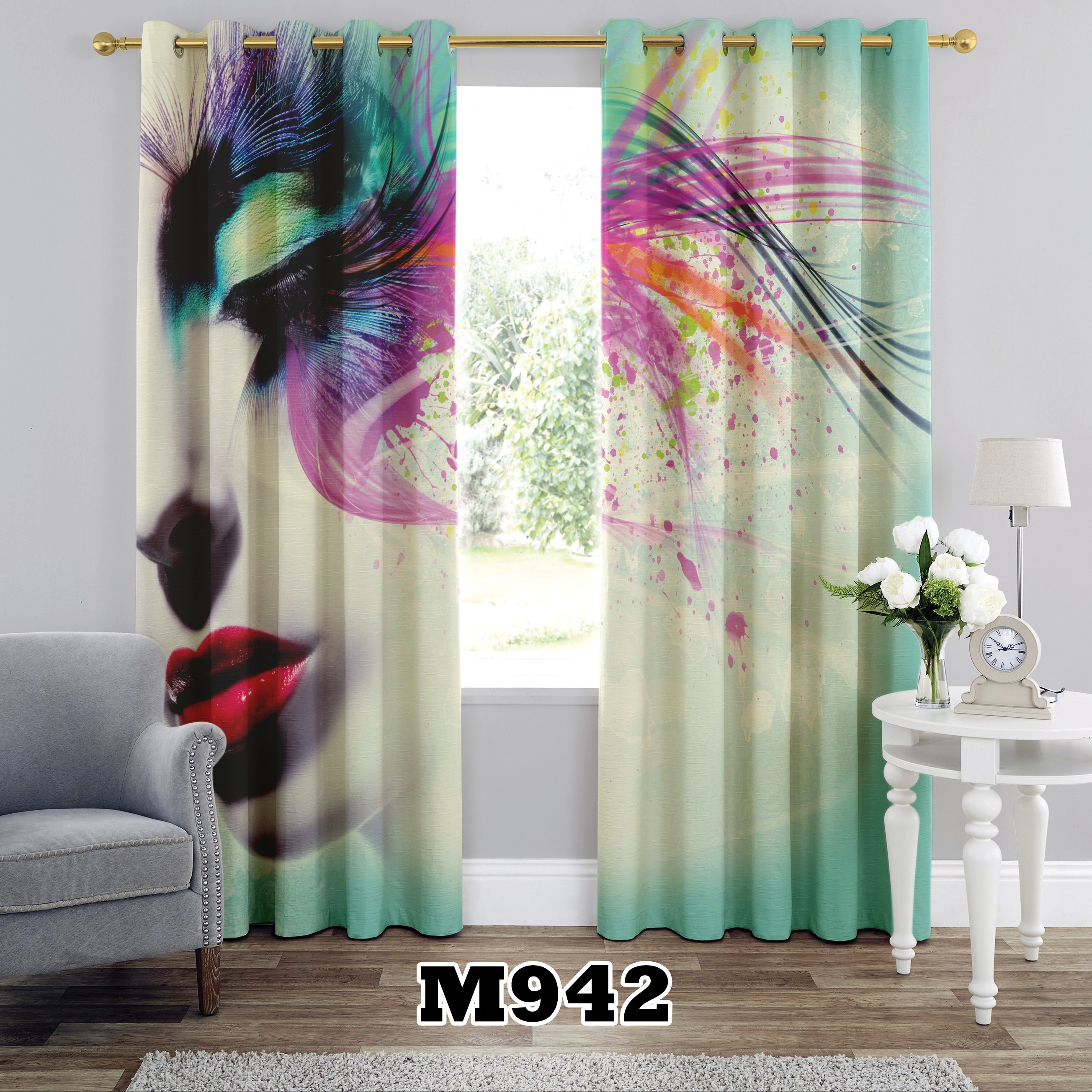 پرده چاپی طرح رخ کد M942 تک قواره ارتفاع 300 عرض 140 سانت