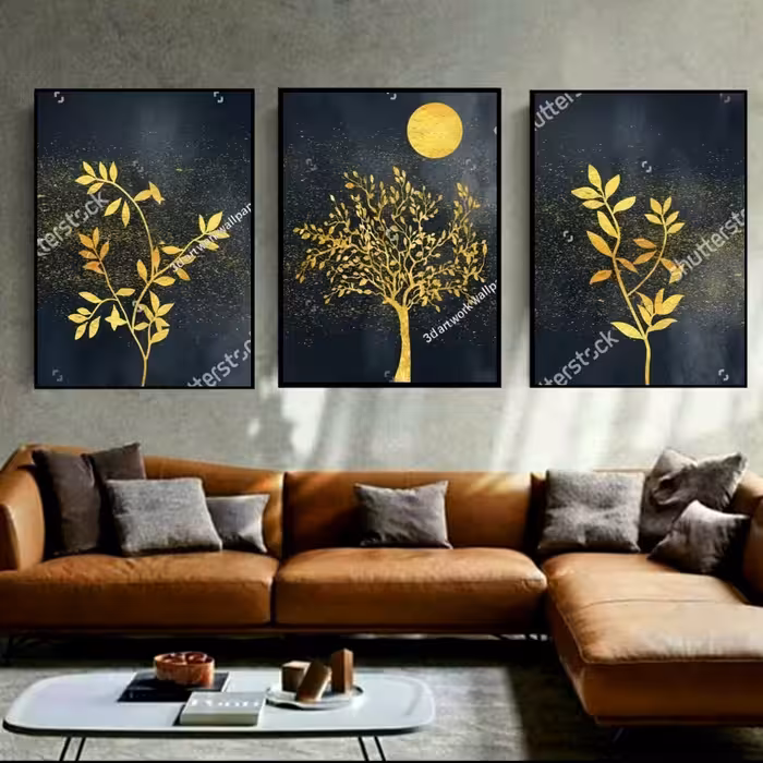 تابلو دکوراتیو درخت وشاخه وبرگ طلایی با زمینه شب سه تکه 
