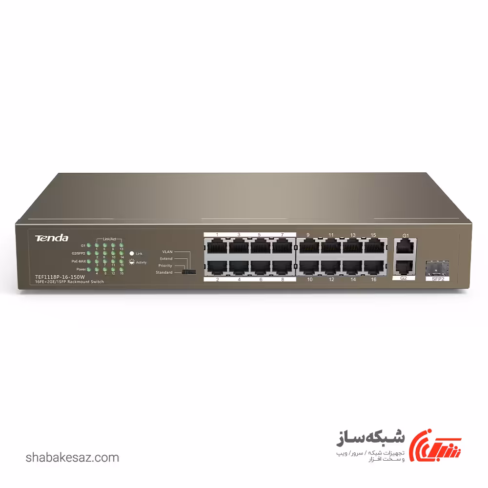 قیمت و خرید سوئیچ شبکه تندا Tenda TEF1118P دسکتاپ-رکمونت 16 پورت 10/100Mbps با توان PoE 150W - شبکه ساز