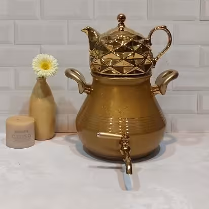 کتری قوری سماوراستیل شیردارکف چدن قوری چینی شکس برند اف آرمدل 3004طلایی اکلیلی