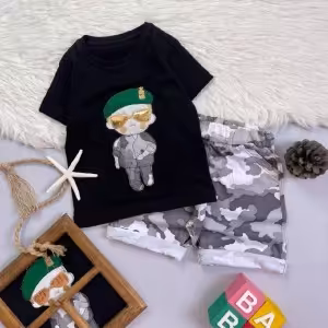 ست دو تیکه پسرانه تیشرت و شلوارک سرباز چریکی