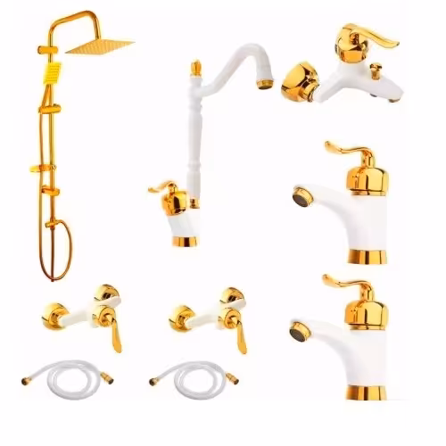 مجموعه 9 تایی شیرآلات قاجاری سفیدطلایی با یونیورست دو کاره