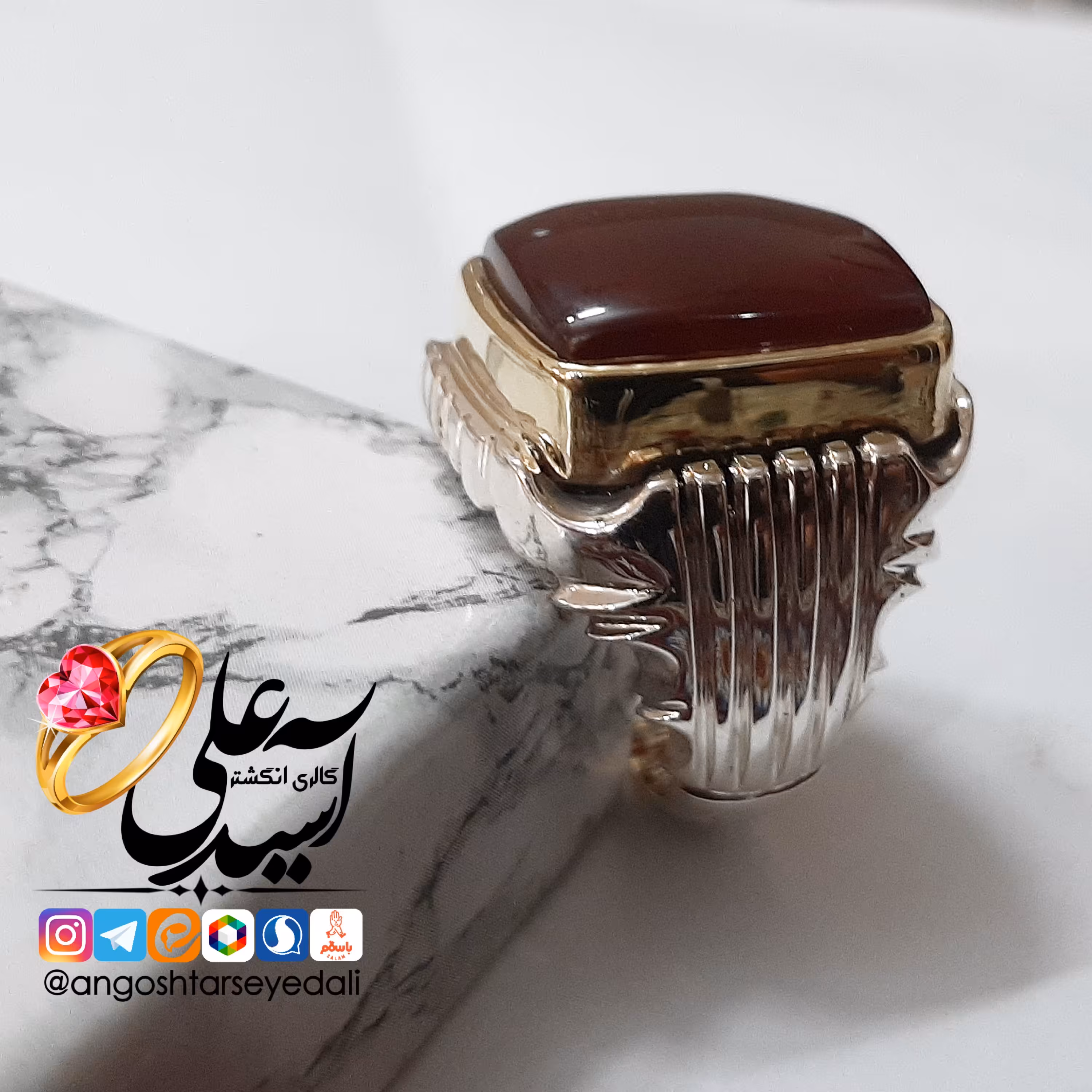 رکاب شیرازی سنگین با نگین سرخ یمنی آبدار  نگین کبدی با تاج برنجی 