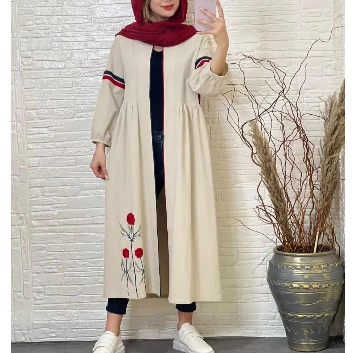 مانتو الیاف طبیعی گلدوزی شده بلند غزن دار