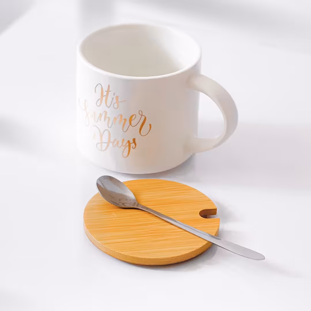 ماگ سرامیکی درب بامبو رنگ سفید