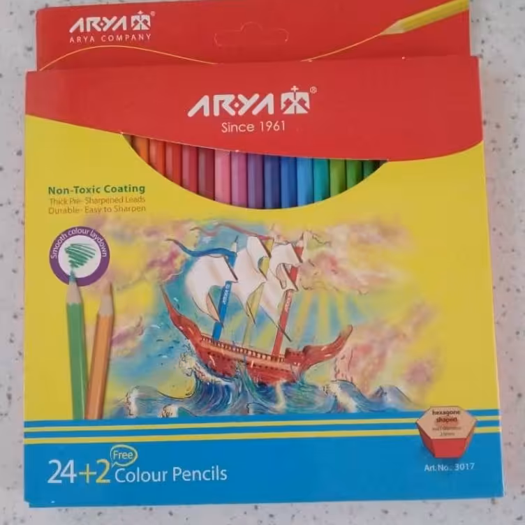 مداد رنگی 24 رنگ آریا با 2 رنگ اضافه جلد مقوایی مدل 3017