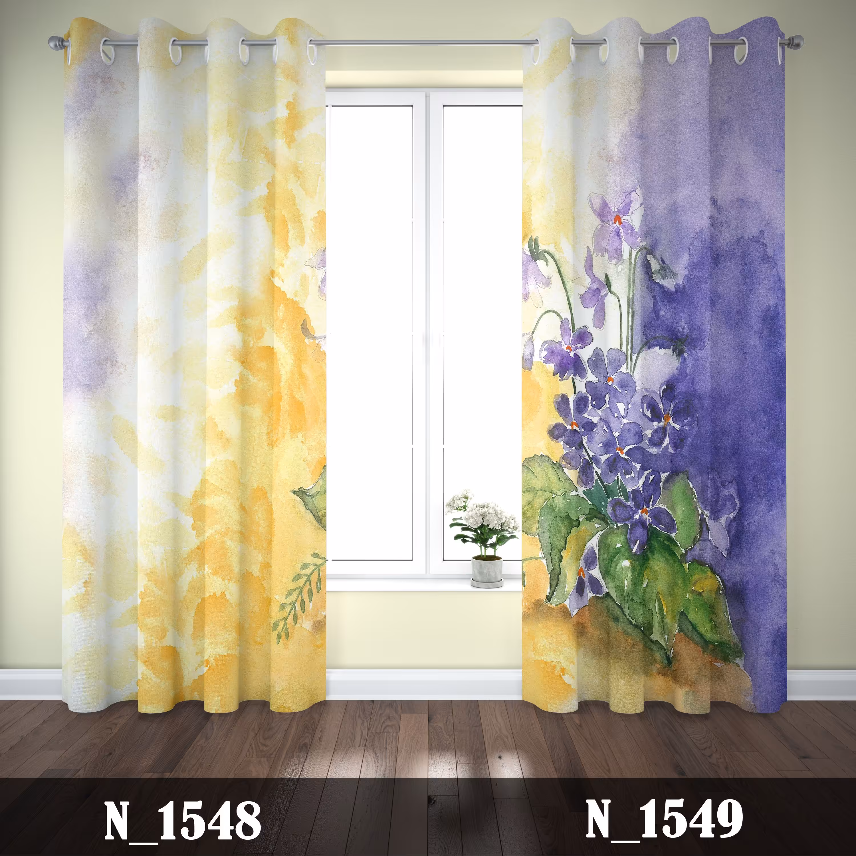 پرده چاپی پانچی طرح گل آبرنگی بنفش زرد 