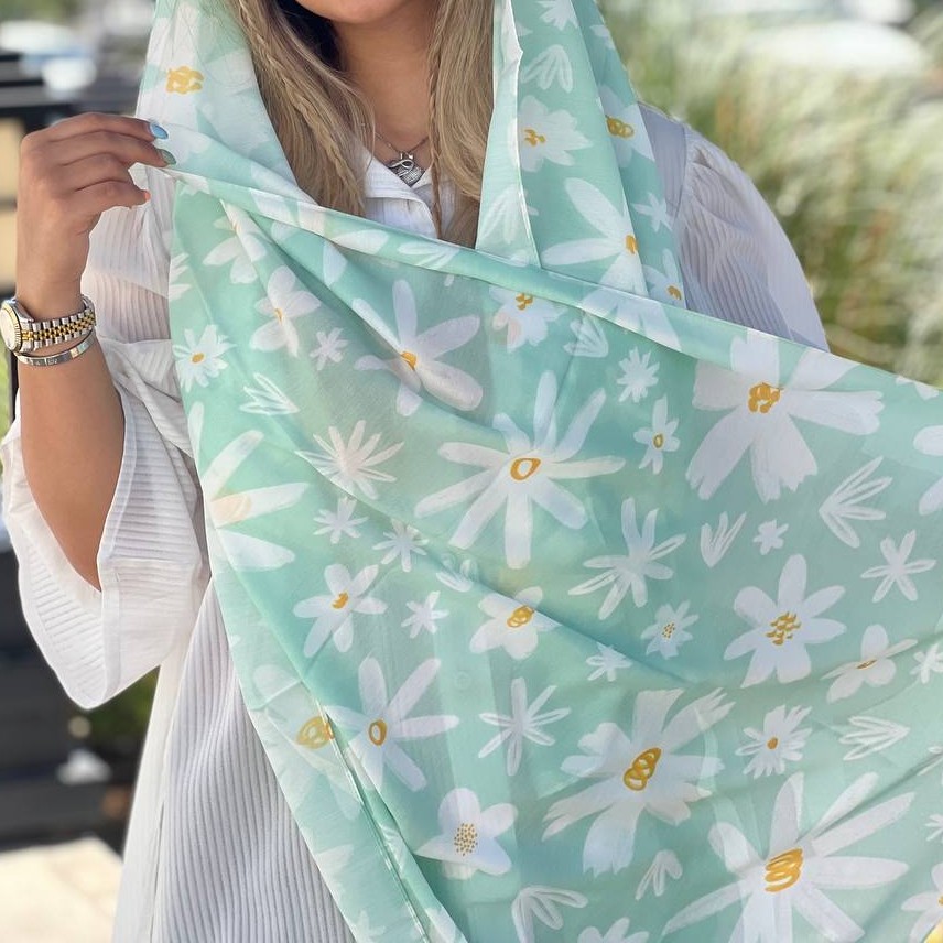 شال فیروزه ای گل بابونه کیفیت عالی ارسال رایگان جنس پارچه نخی r340